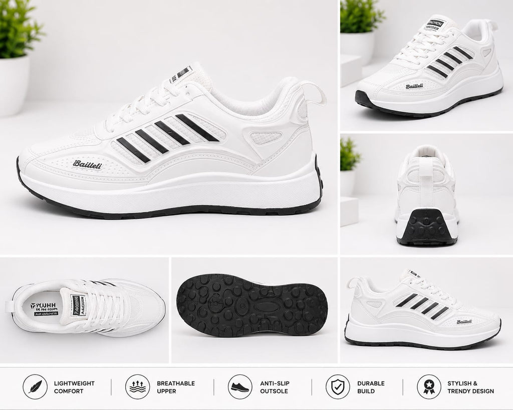 Men’s Lightweight Sports Sneakers – White/Black Casual Running Shoes
