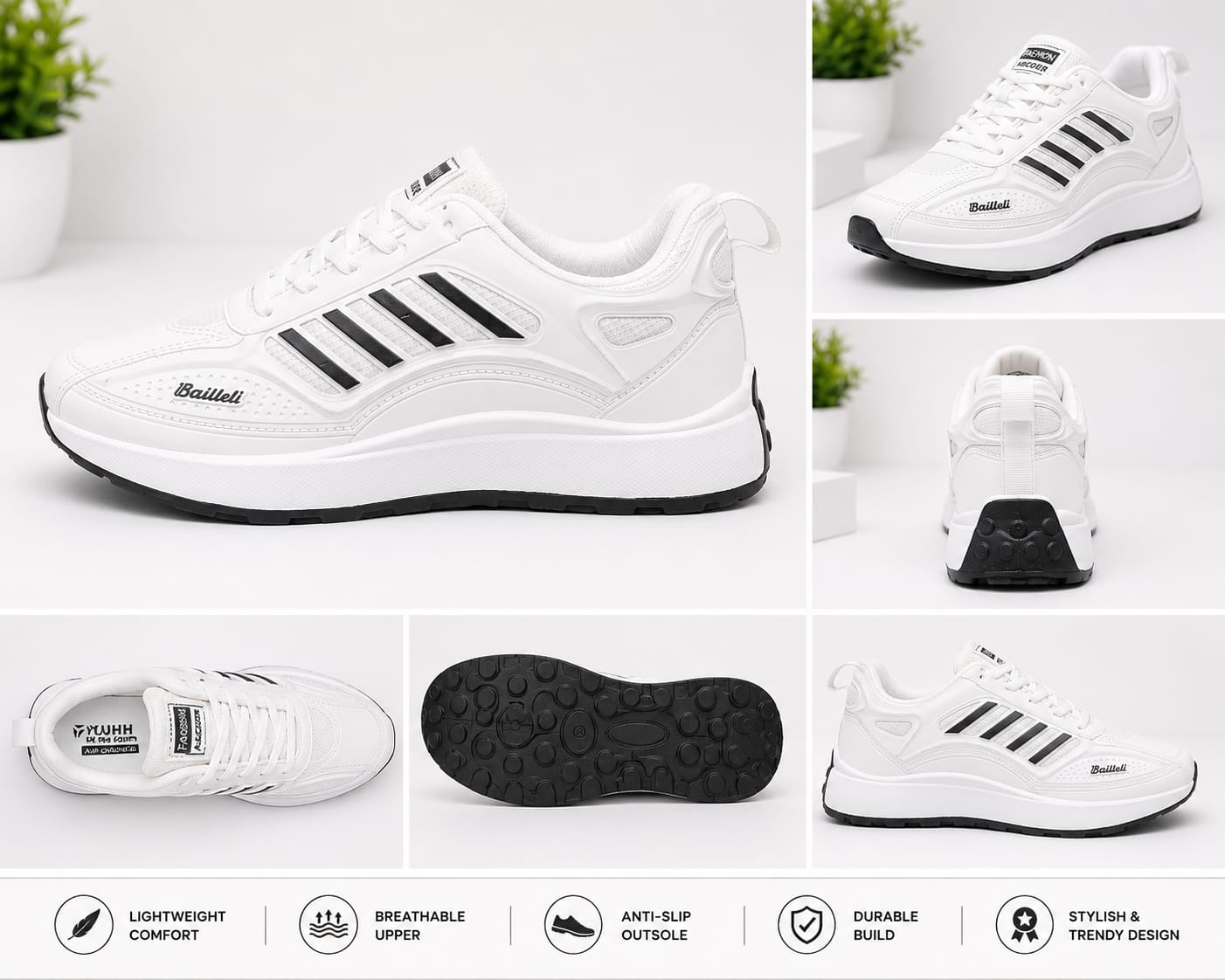 Men’s Lightweight Sports Sneakers – White/Black Casual Running Shoes