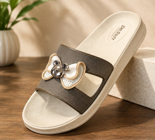Women’s Soft Comfort Stylish Sliders – Beige & Brown Bow Design