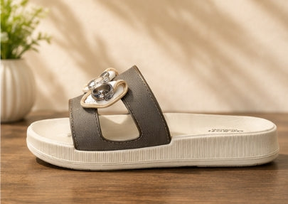 Women’s Soft Comfort Stylish Sliders – Beige & Brown Bow Design