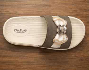 Women’s Soft Comfort Stylish Sliders – Beige & Brown Bow Design