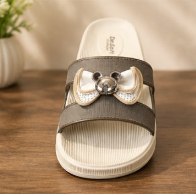 Women’s Soft Comfort Stylish Sliders – Beige & Brown Bow Design
